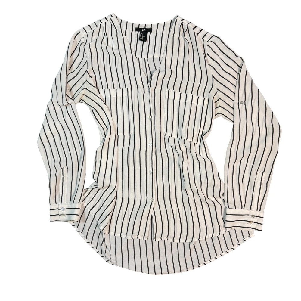 H&M Striped Blouse Womens Size 10 White Black V-Neck Roll Tab Sleeve Button Down - Picture 10 of 14
